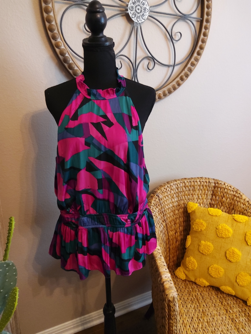 Nine West Teal and Pink Halter Peplum Tank